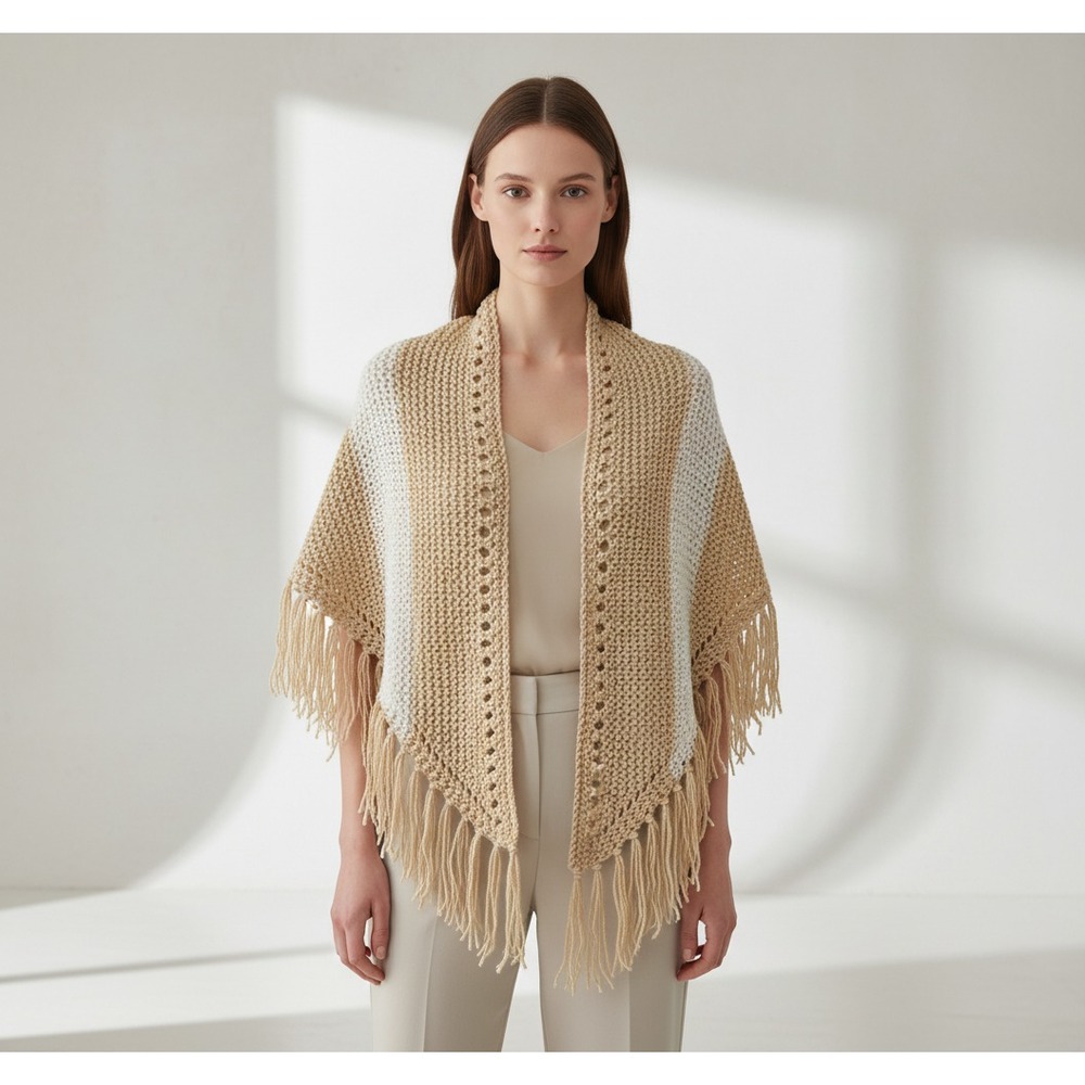 NEW Cream‎ Beige Colorblock Hand Knitted Shawl Wrap Boho Cottage Coastal Artsy